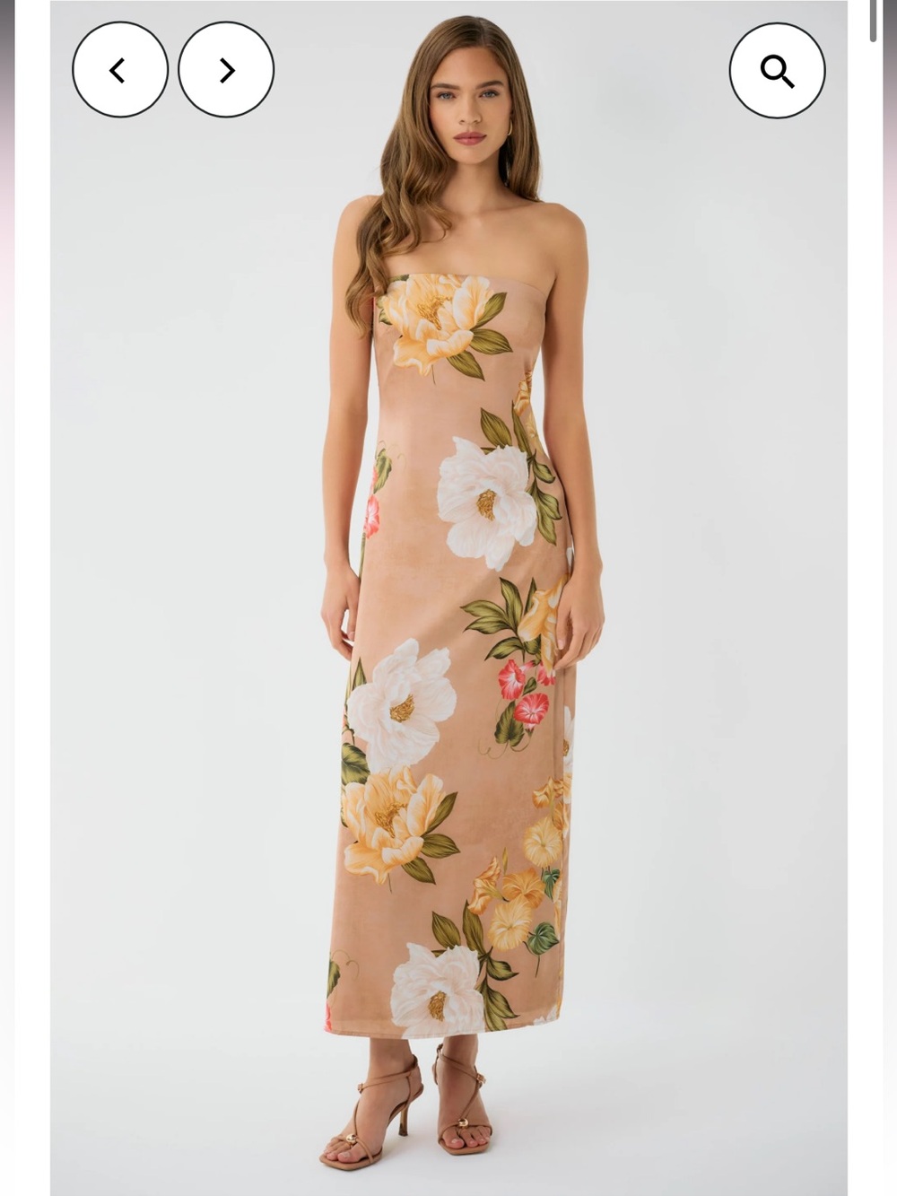 hutch elena tan floral print strapless satin silky long maxi summer dress small